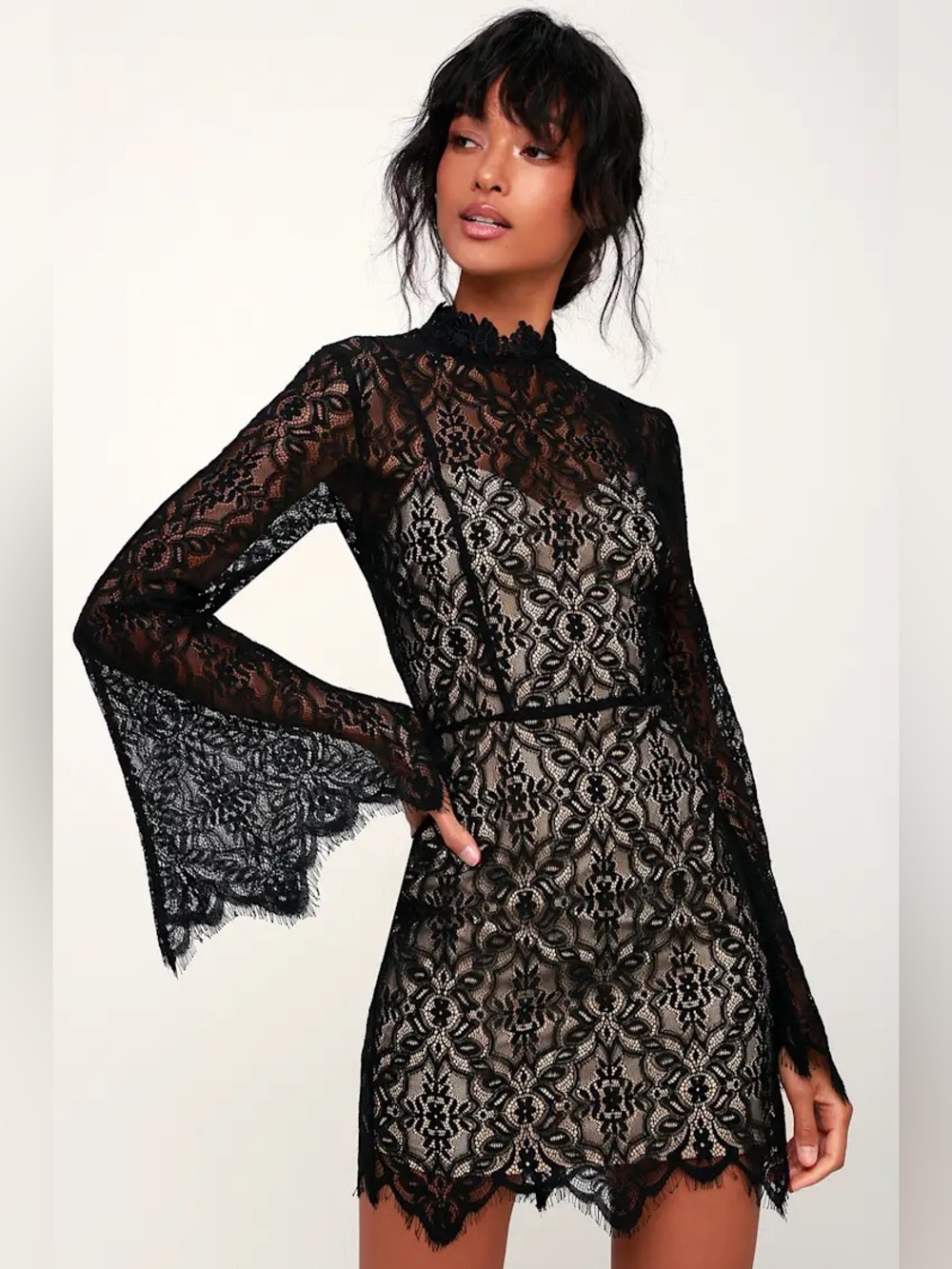 NWT RYSE Size M Carson Nude and Black Lace Bell Sleeve Mini Dress